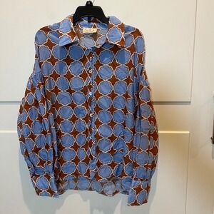 Sofia Made in Italy Brown Blue Geometric Print Long Sleeve Blouse Top Womens Med